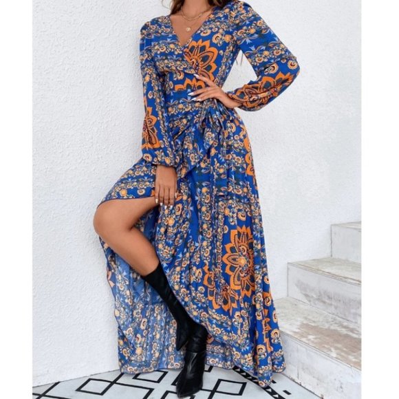 Boho Floral Lantern Sleeve Ruffle Trim Maxi Dress blue - Picture 4 of 6